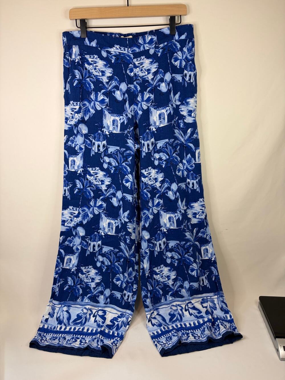 Ann Taylor LOFT Wide-Leg Pants Blue Corfu Tropical Resort Print Size Medium